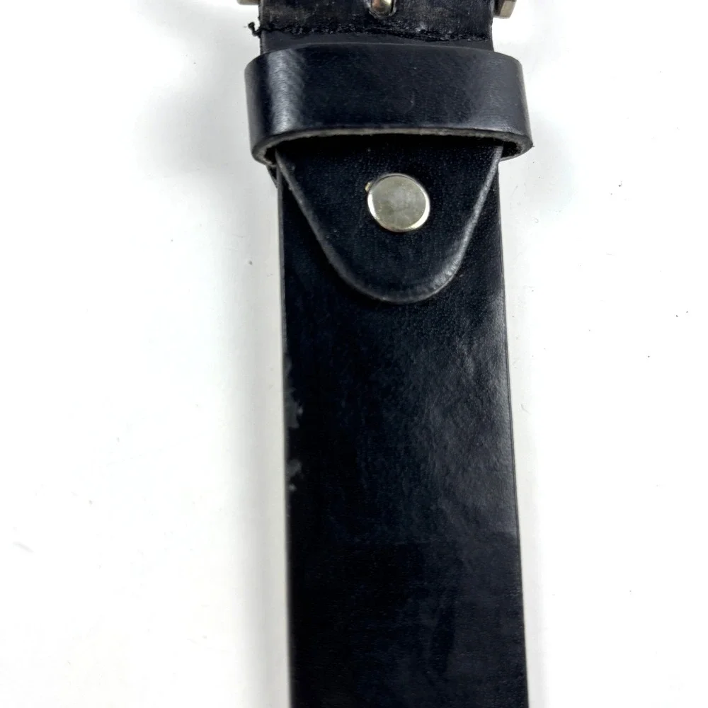 Leather Belt Mens M 34-38 Black Silver Buckle 1.5in Classic Minimalist Casual